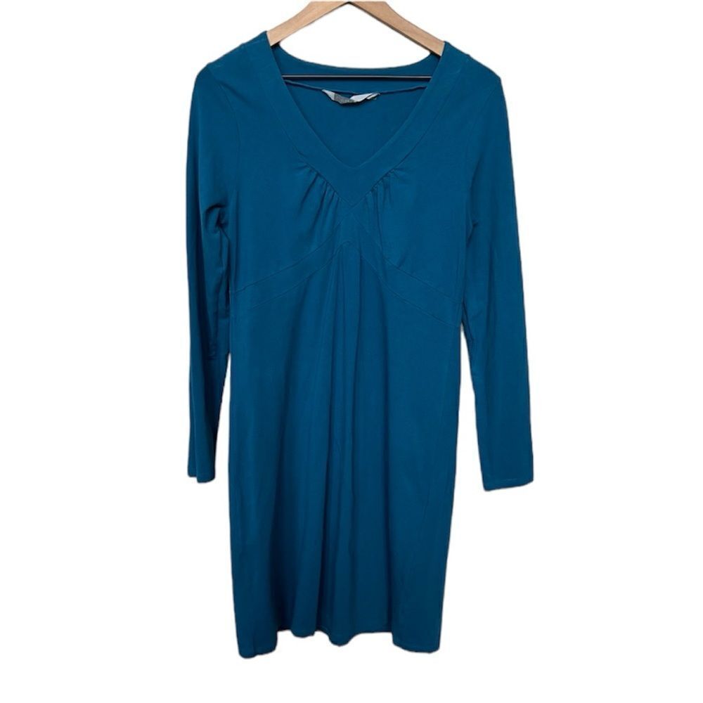 Athleta Senorita Blue Teal V-Neck Long Sleeve Organic Cotton Dress Large Tall